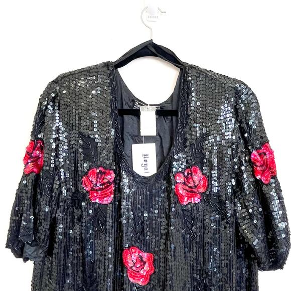 Vintage Y2K Silk Beaded Sequin Women Shirt Size 1X Black Roses Whimsigoth Witchy - Picture 9 of 12